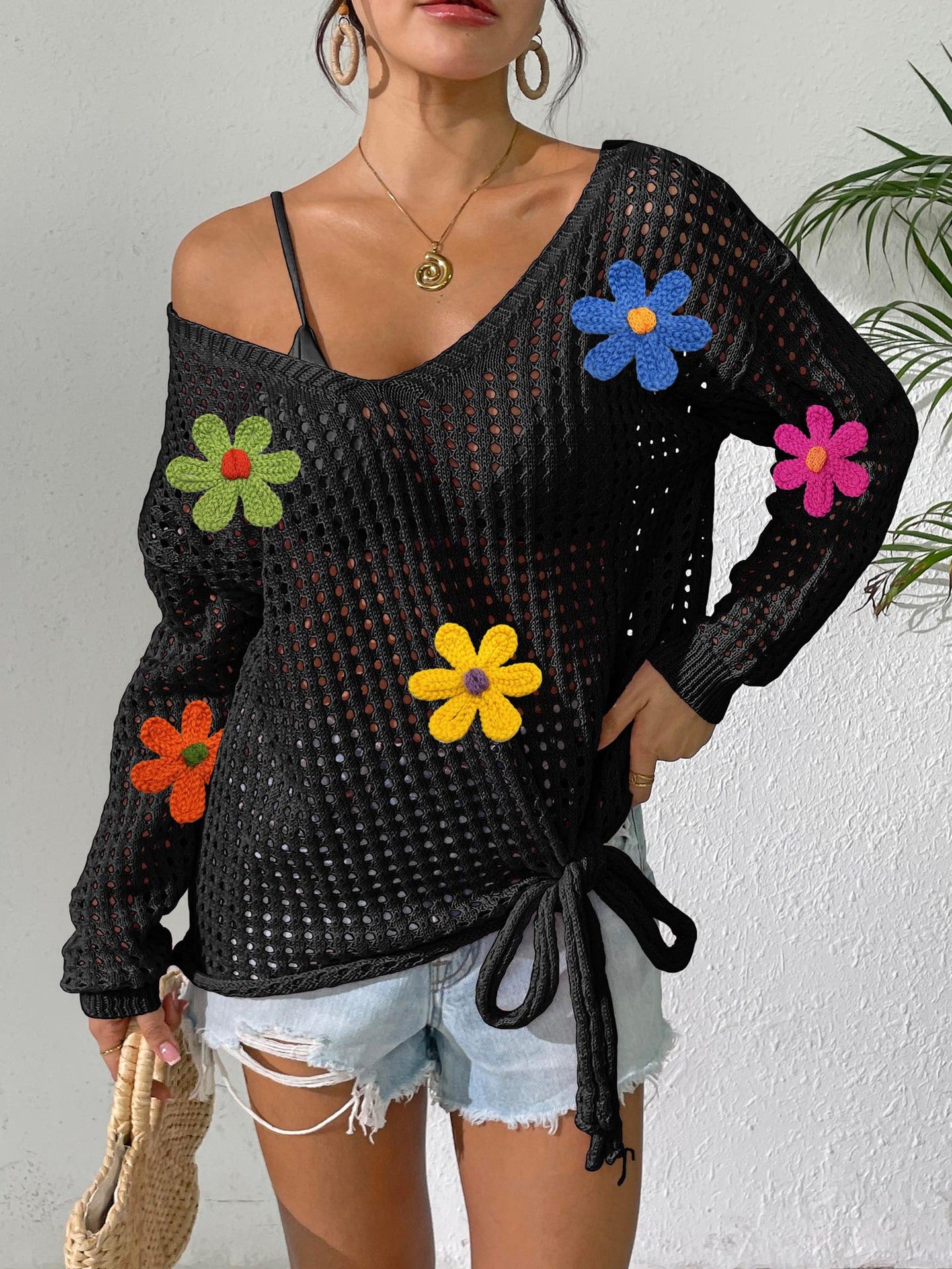 Dame Åben Vævning Floral Strikjakke Stilla