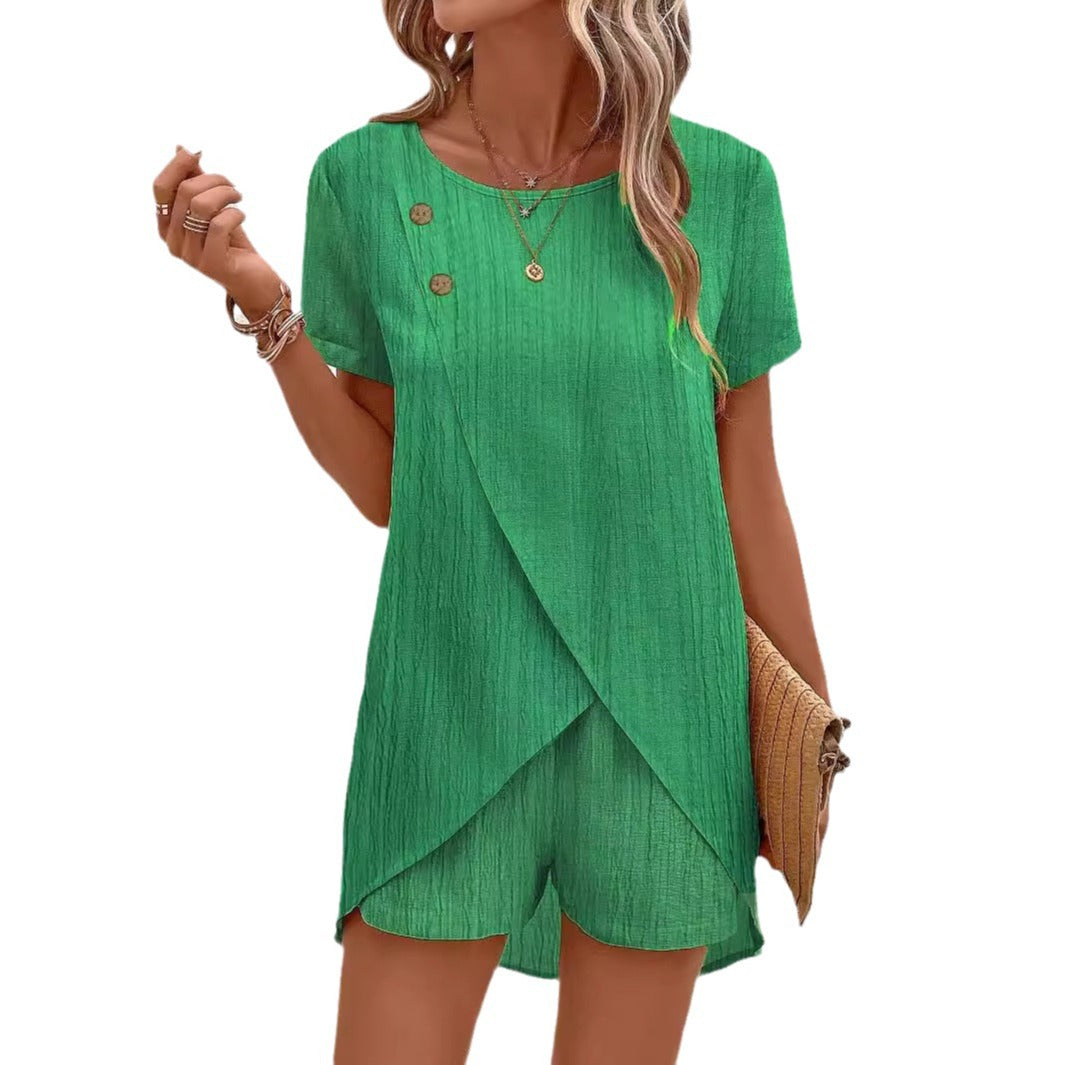 Damer elegant kort jumpsuit med fashionabelt omslag-design Stilla