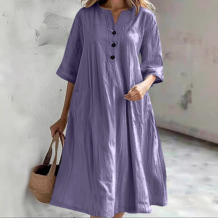 Dame afslappet midikjole med knaplukning og praktiske lommer Stilla