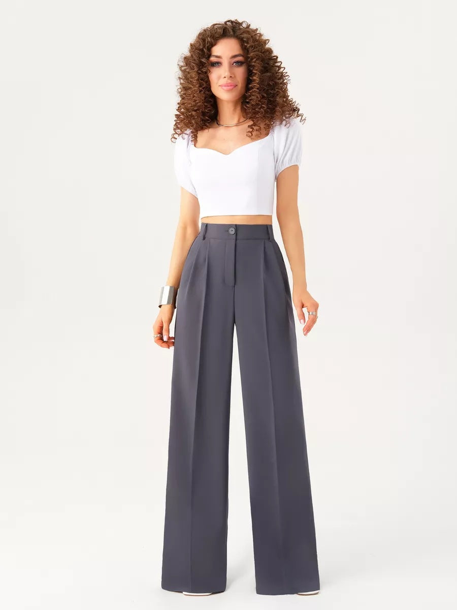 Dame elegant indpakningsoverdel med voluminøse ærmer og højtsiddende palazzo-bukser Stilla