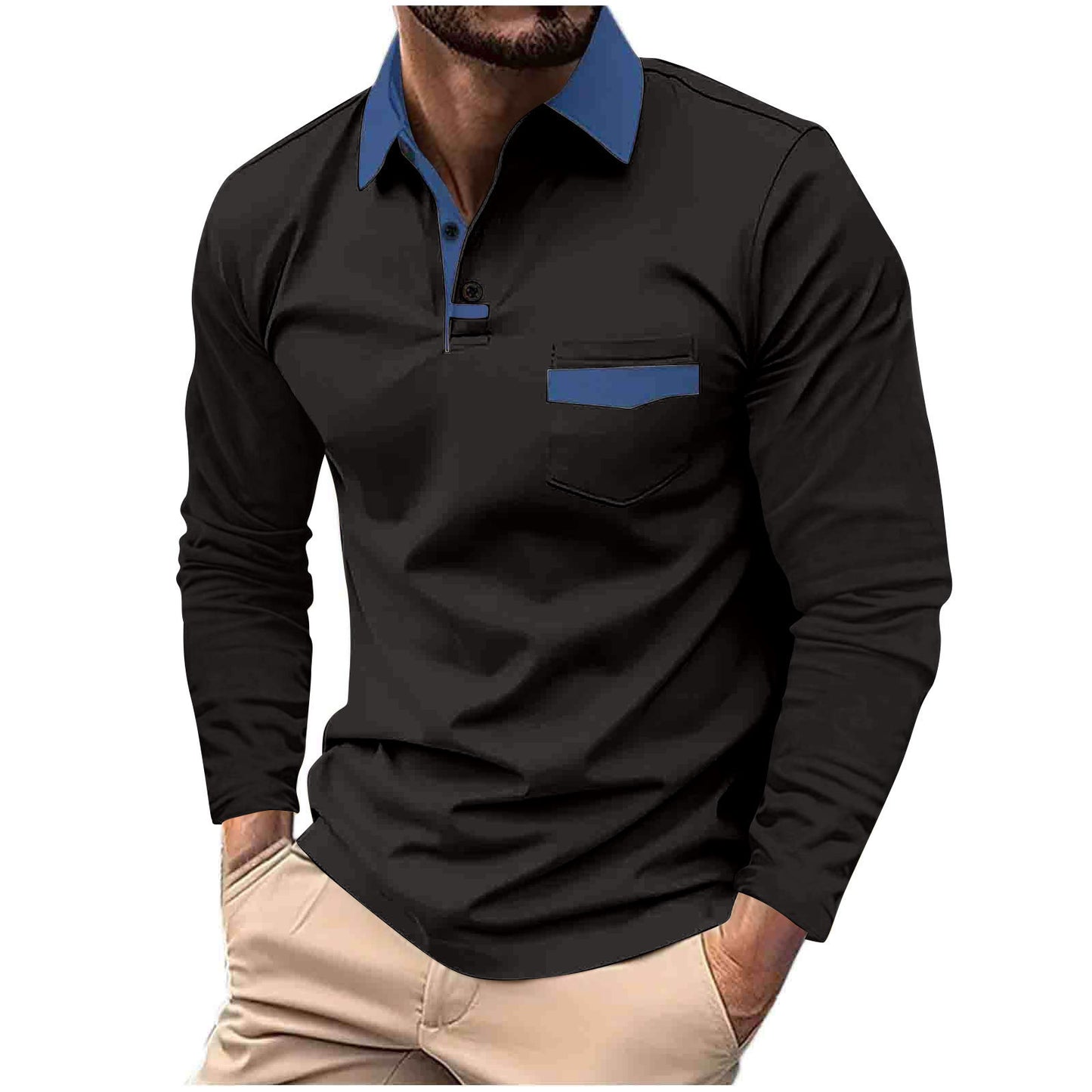 Herre Langærmet Poloshirt med moderne krave og praktiske brystlommer Stilla