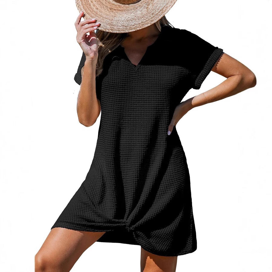 Dame afslappet kort skjortekjole med V-udskæring og ribstruktur Stiila