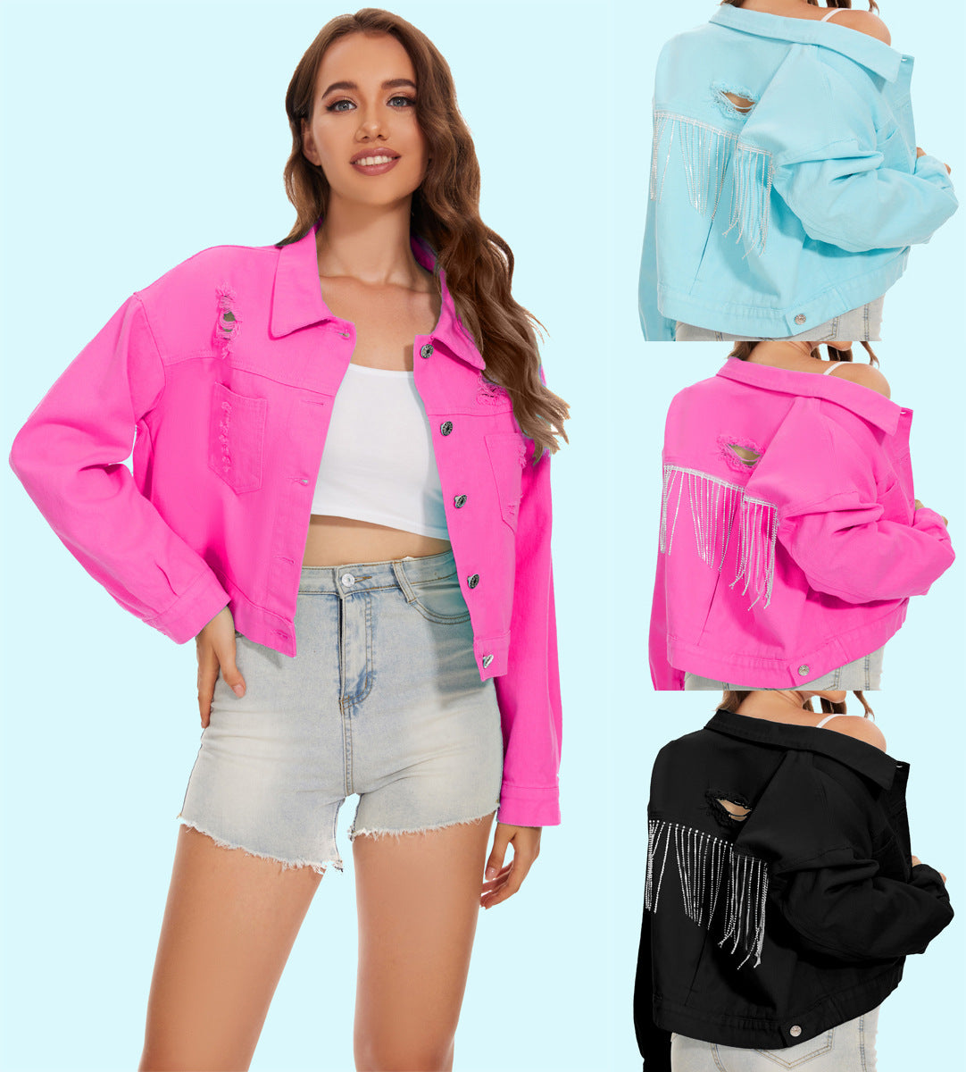 Dame denimjakke med iøjnefaldende frynsedesign og dekorative detaljer Stilla