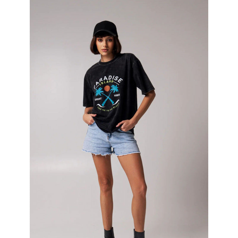 Dame afslappet grafik T-shirt med tropisk strandmotiv Stilla