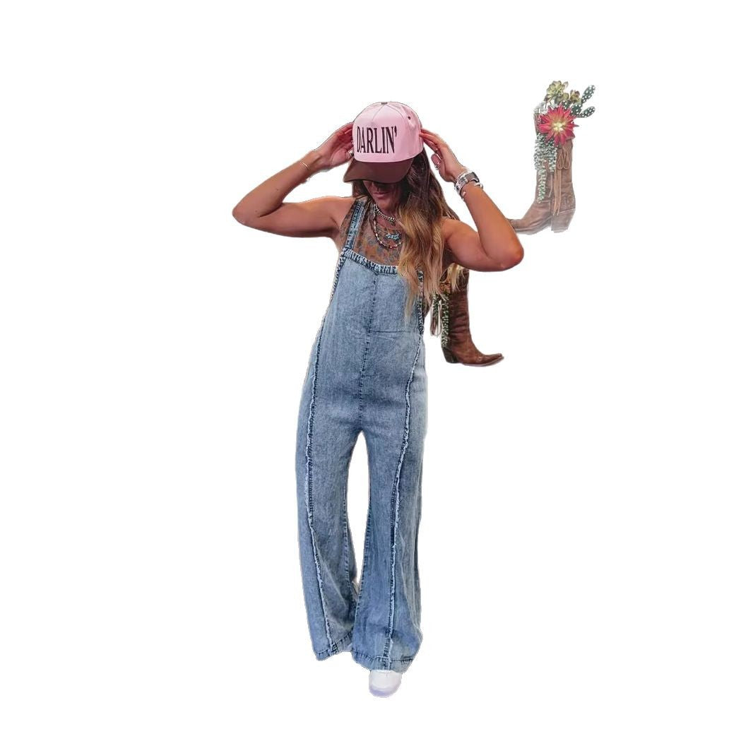 Dame afslappet denim jumpsuit med vidde ben og skulderstropper Stilla