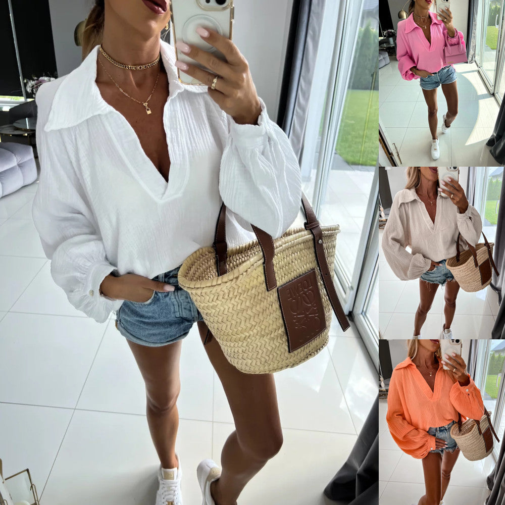 Dame afslappet bluse med dyb V-udskæring og voluminøse ærmer Stilla