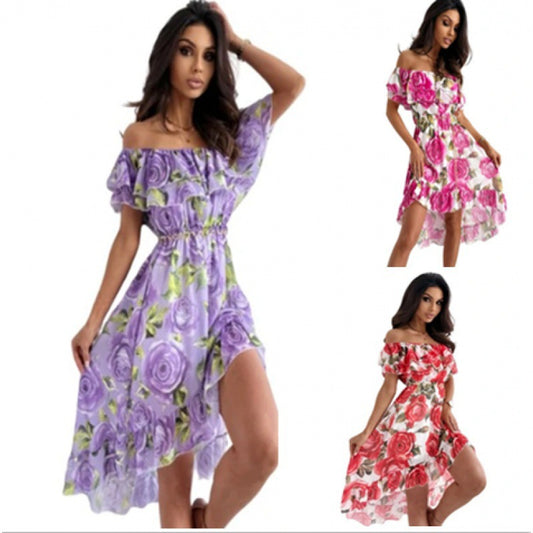 Dame Off-Shoulder Floral Midi Kjole med Rynkebund Stilla