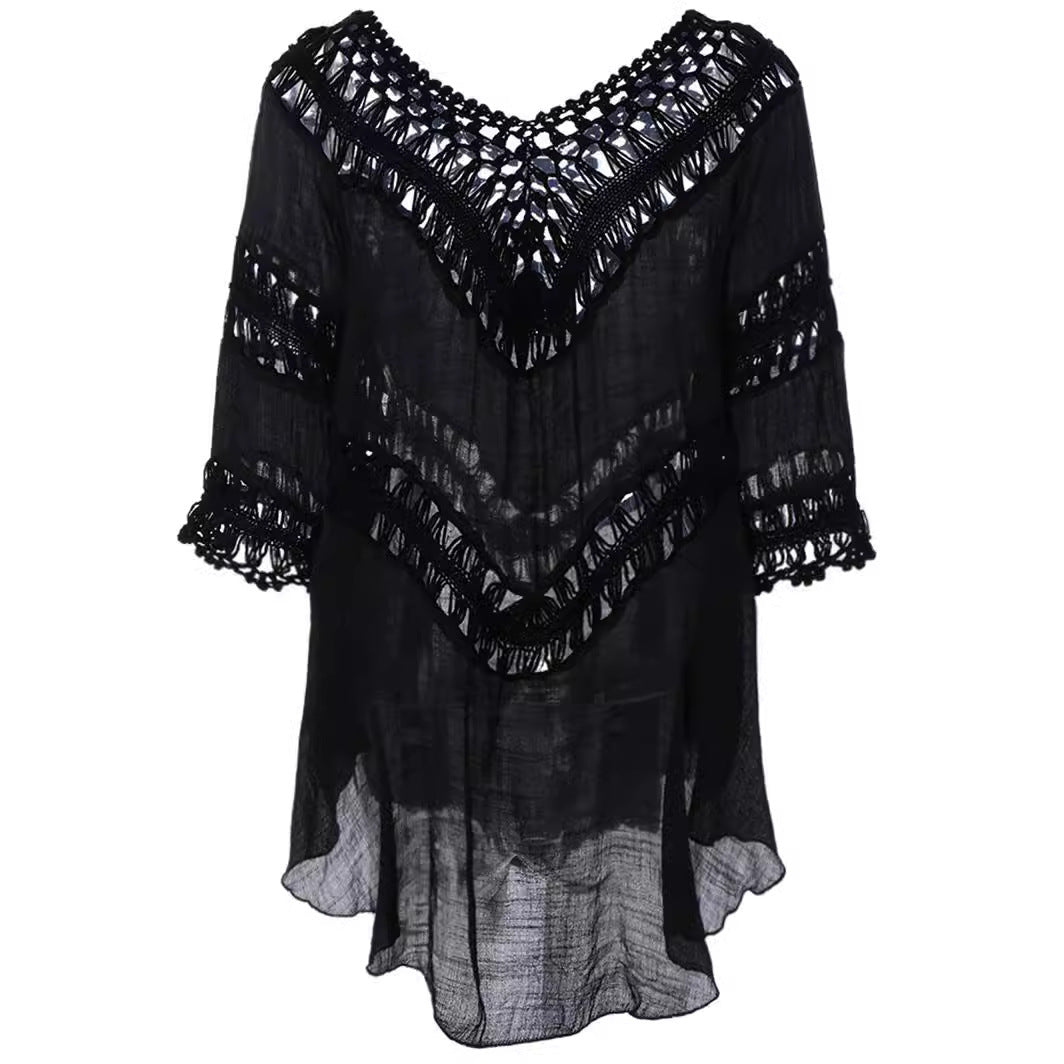 Dame afslappet strandtunika med elastiske hæklede udsmykninger Stilla