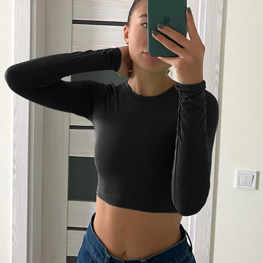 Dame cropped langærmet skjorte med figursyet snit og elastisk bomuldsmateriale Stilla