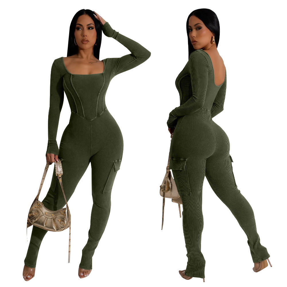 Dame modig langtærms-jumpsuit med struktureret design og cargo-elementer Stilla