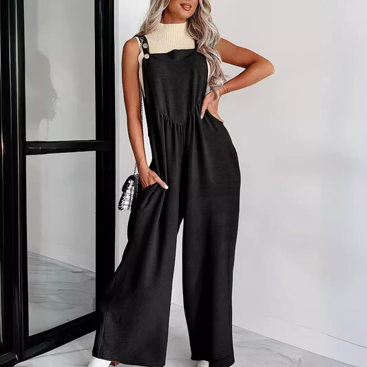 Dame casual jumpsuit med justérbare skulderstropper og sidelommer Stilla