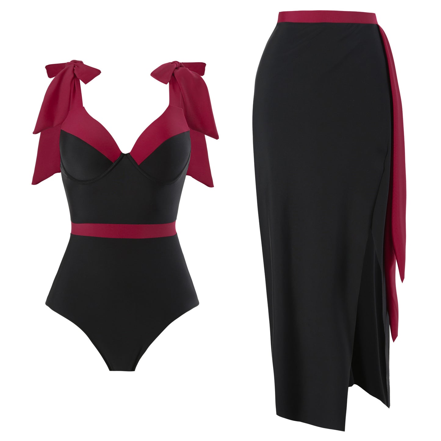 Dame Elegant Badedragt med aftagelig omslagskørt og farvematching sløjfer Stilla