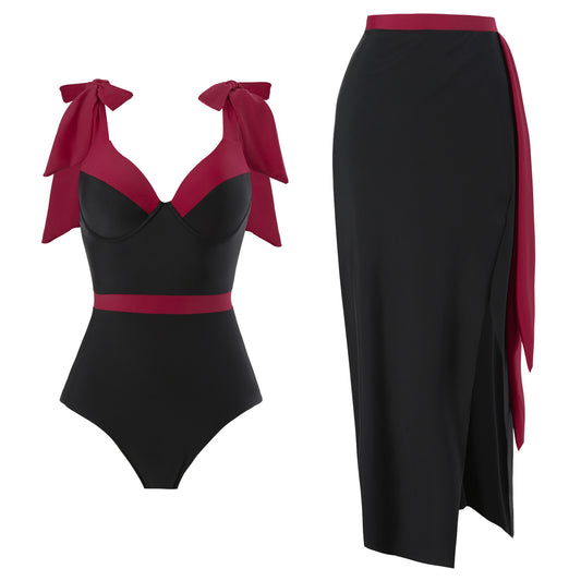 Dame Elegant Badedragt med aftagelig omslagskørt og farvematching sløjfer Stilla