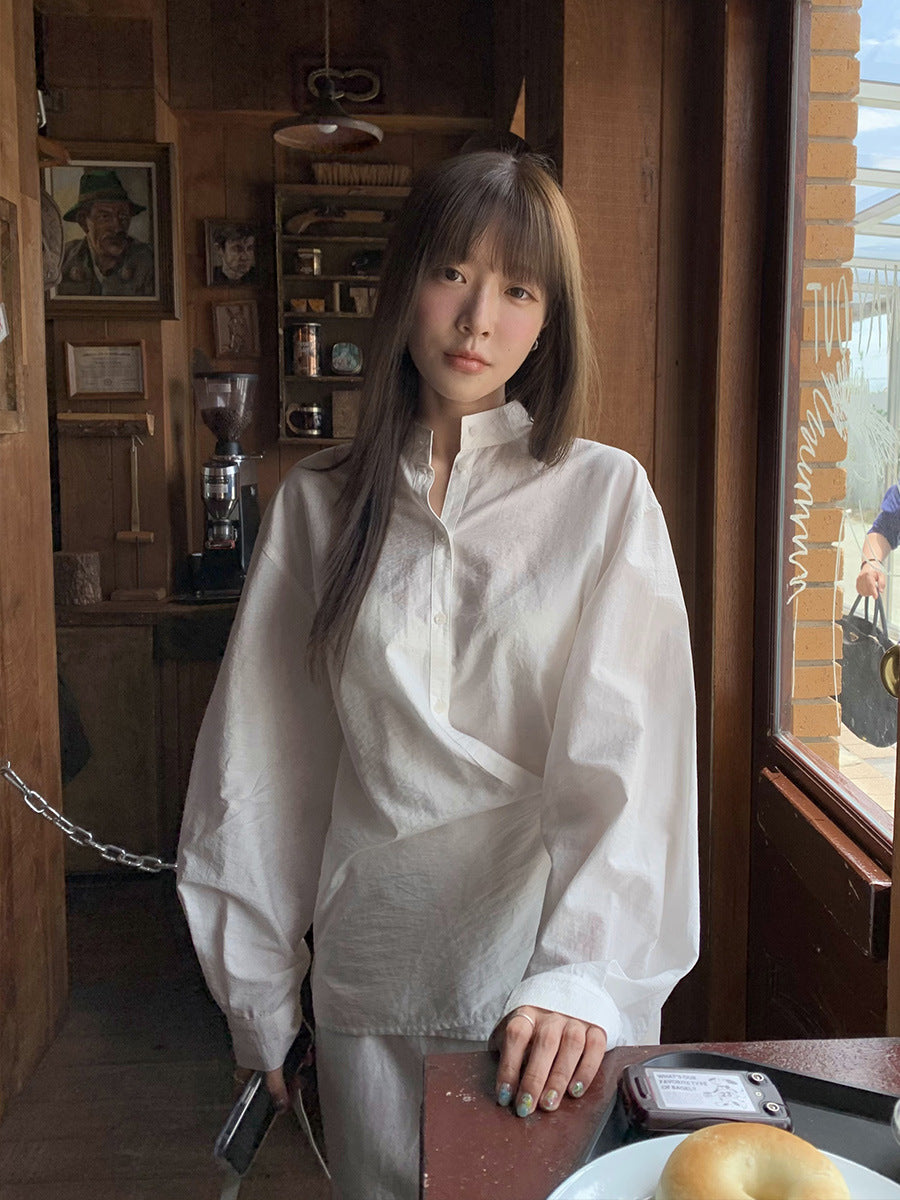 Dame elegant bluse skjorte med asymmetrisk knaplukning og moderne krave Stilla