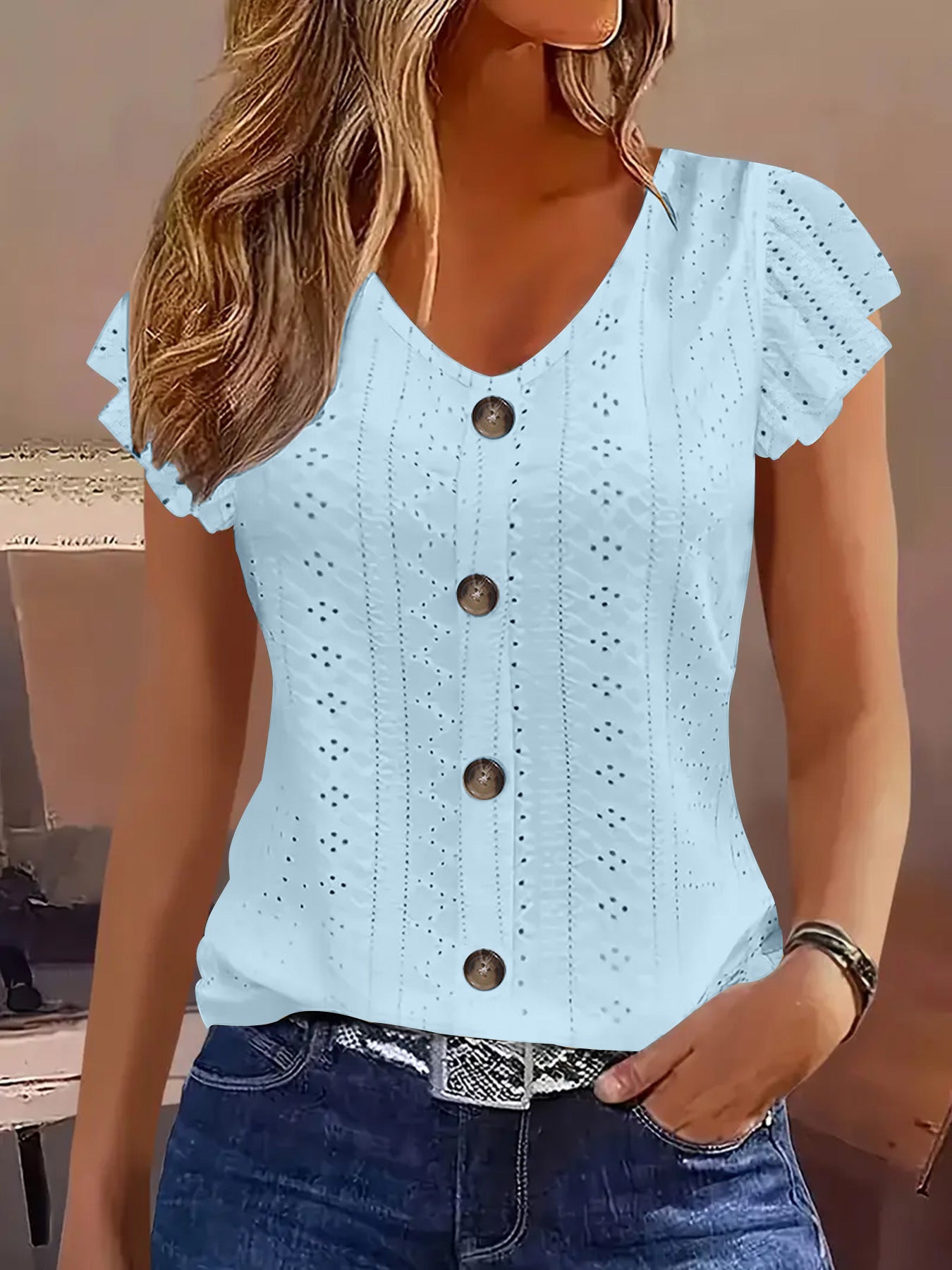 Dame elegant bluse med volangærme Stilla