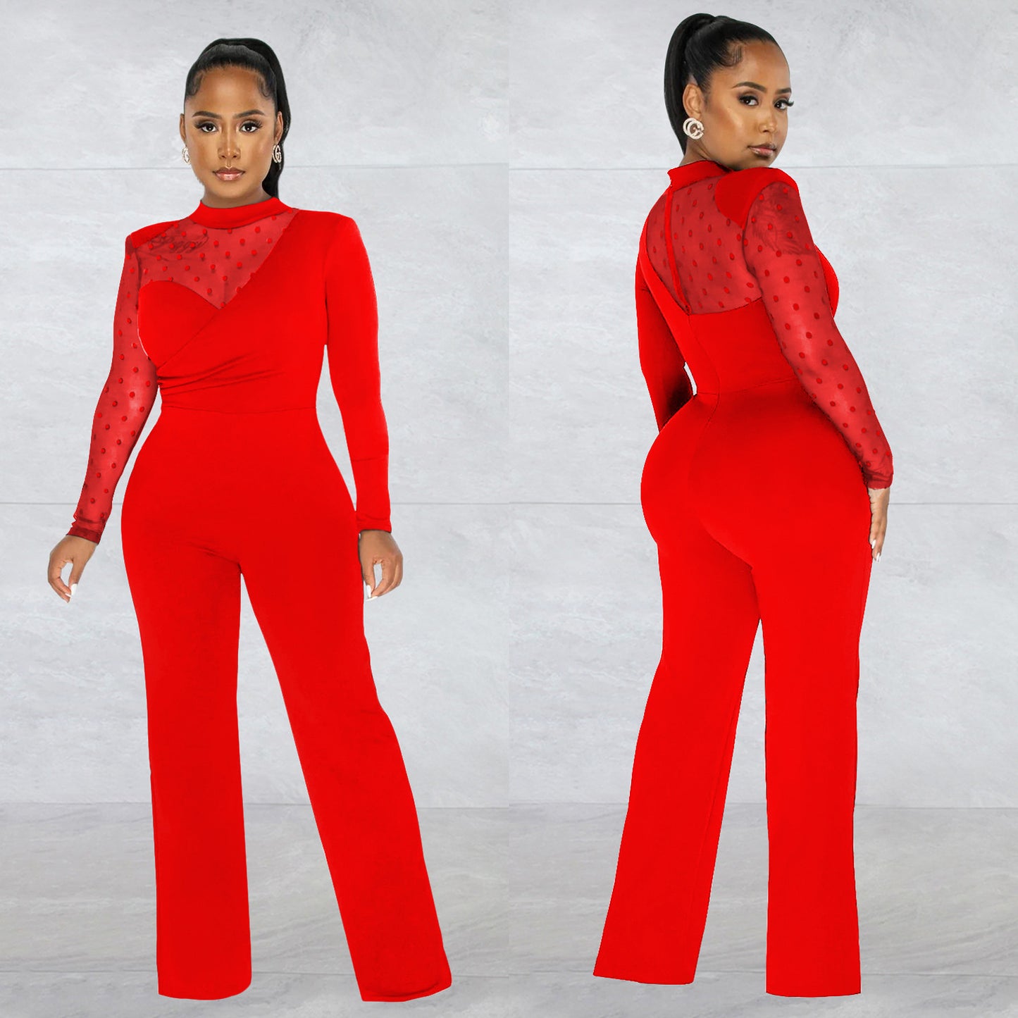 Dame Elegant Jumpsuit med transparente ærmer og stilfuld indpakningsdesign Stilla