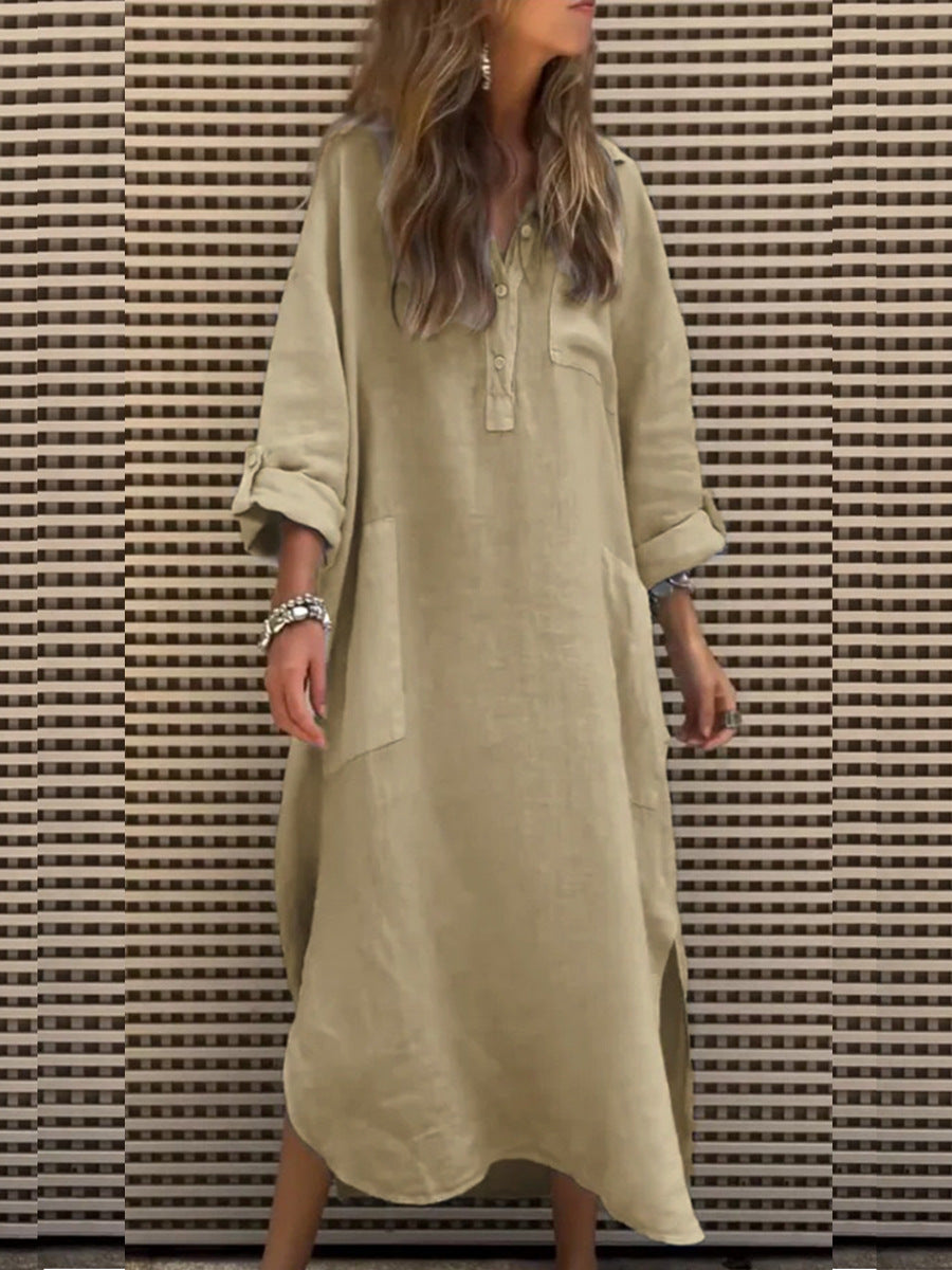 Dame afslappet skjortekjole med sidelommer og opfoldelige ærmer Stilla