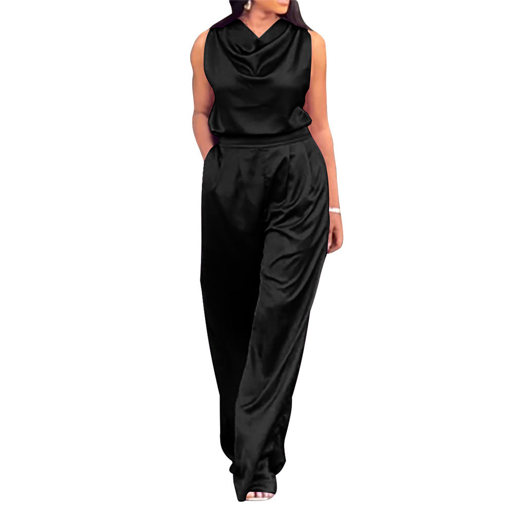 Dame Elegante Satin Jumpsuit med høj kvalitets snit og asymmetrisk design Stilla