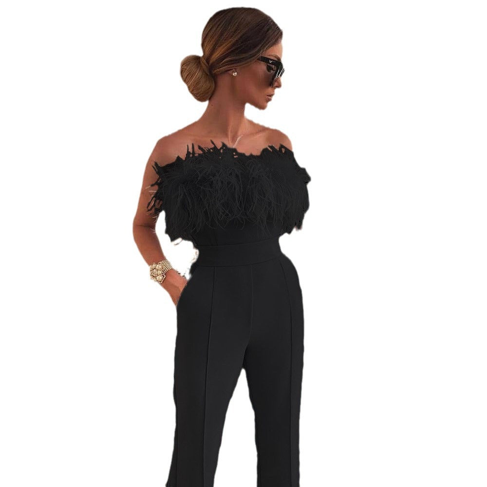 Dame Elegant Jumpsuit med fjerprydet overdel Stilla