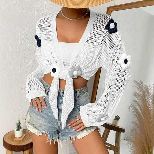 Dame luftig strikcardigan med blomstret design og bundet kant Stilla