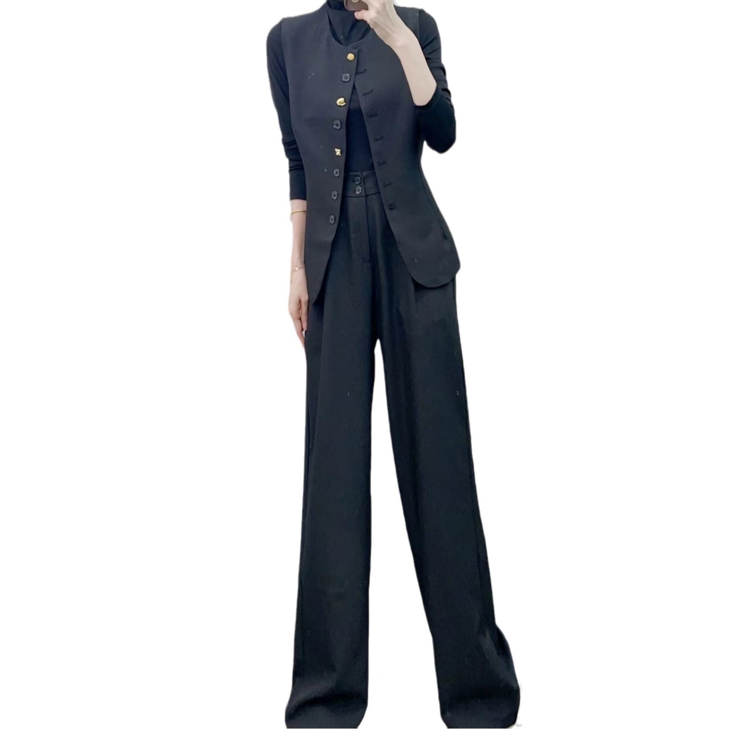 Dame Elegant Blazer-Bukser-Kombination med gyldne knapdetaljer og struktureret stof Stilla