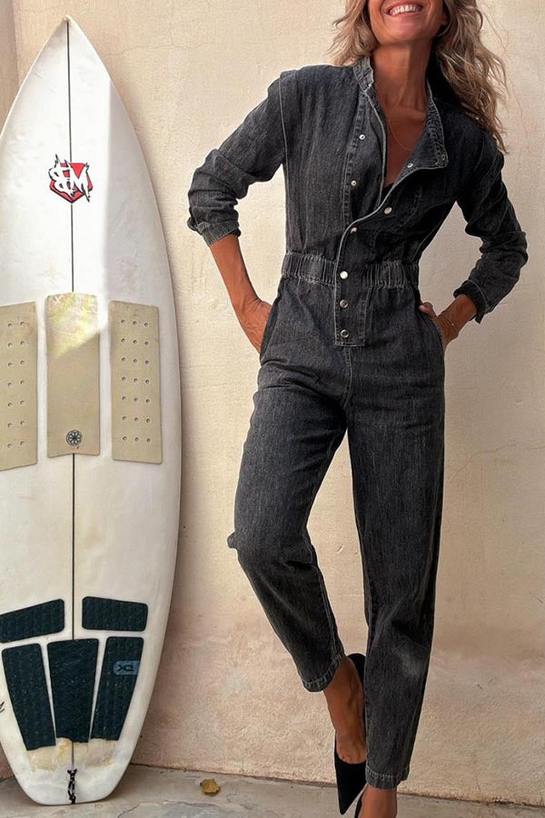 Dame Denim Jumpsuit med figursyede detaljer og praktiske lommer Stilla