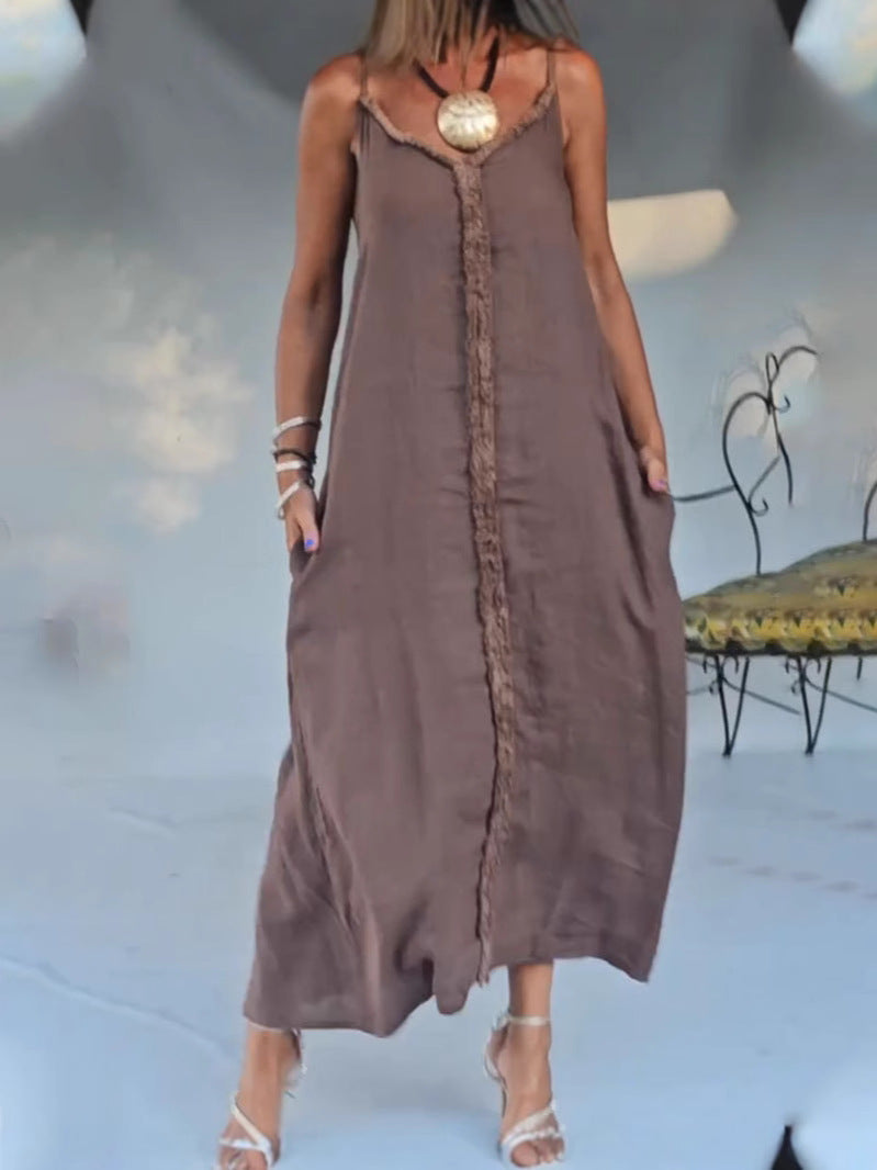 Dame afslappet maxikjole med fine frynser og justerbare stropper Stilla