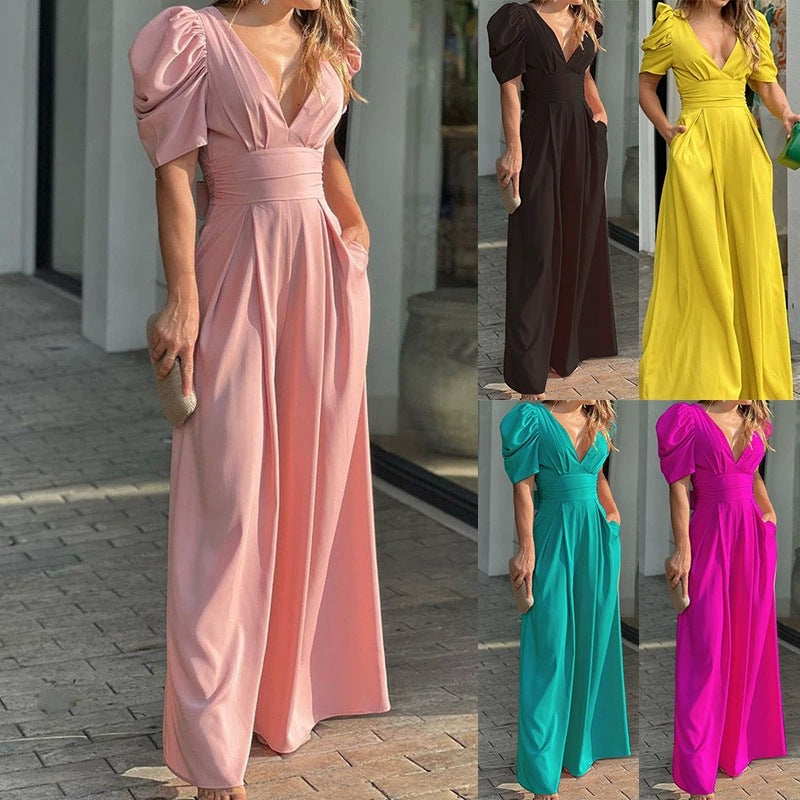 Dame jumpsuit med voluminøse ærmer og dyb v-hals Stilla