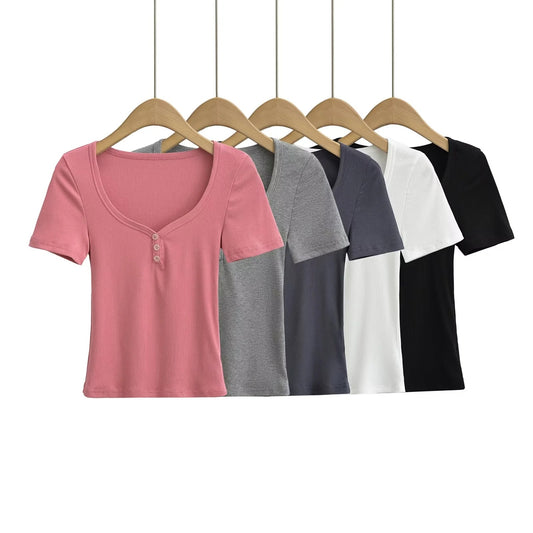 Dame elegant basis-overdel med dyb rund halsudskæring og knapdetaljer Stilla