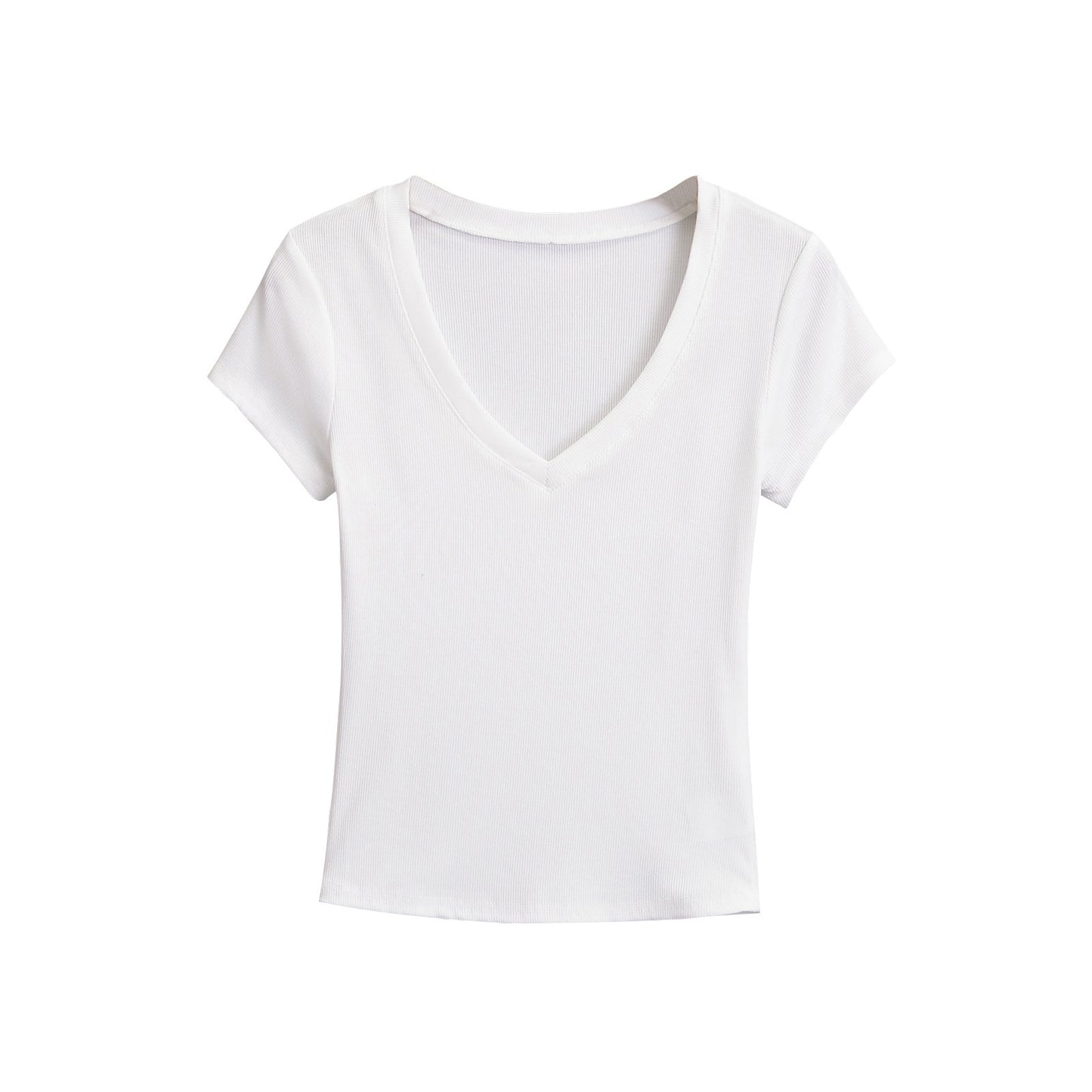 Dame cropped V-hals T-shirt i ribdesign med tætsiddende snit og korte ærmer Stilla