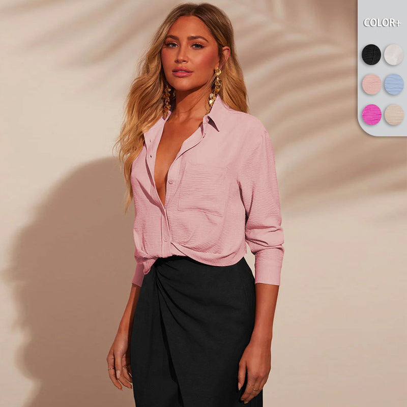 Dame afslappet bluse med dyb V-udskæring og struktureret stof Stilla