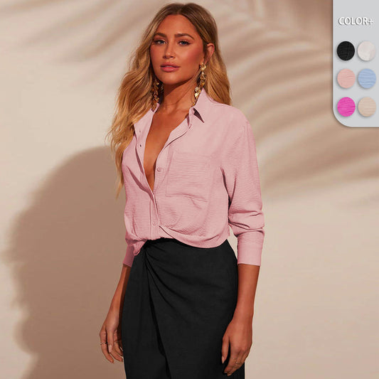 Dame afslappet bluse med dyb V-udskæring og struktureret stof Stilla