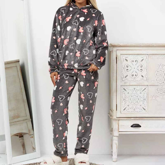 Dame Fleece-Lounge-dragter med hjerteprint og hætte Stilla