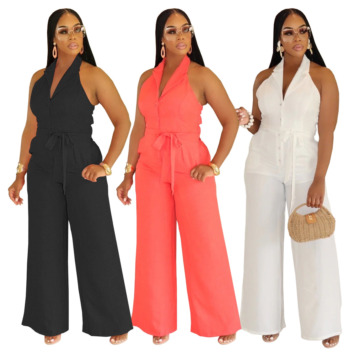 Dame Elegant Halter-Overall med brede ben og taljebælte Stilla