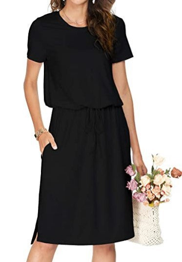 Dame afslappet midi-kjole med elastisk talje bånd og praktiske lommer Stilla