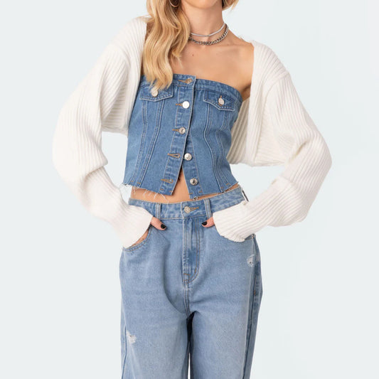Dame afslappet cropped jeansjakke med strikket oversized ærme Stilla