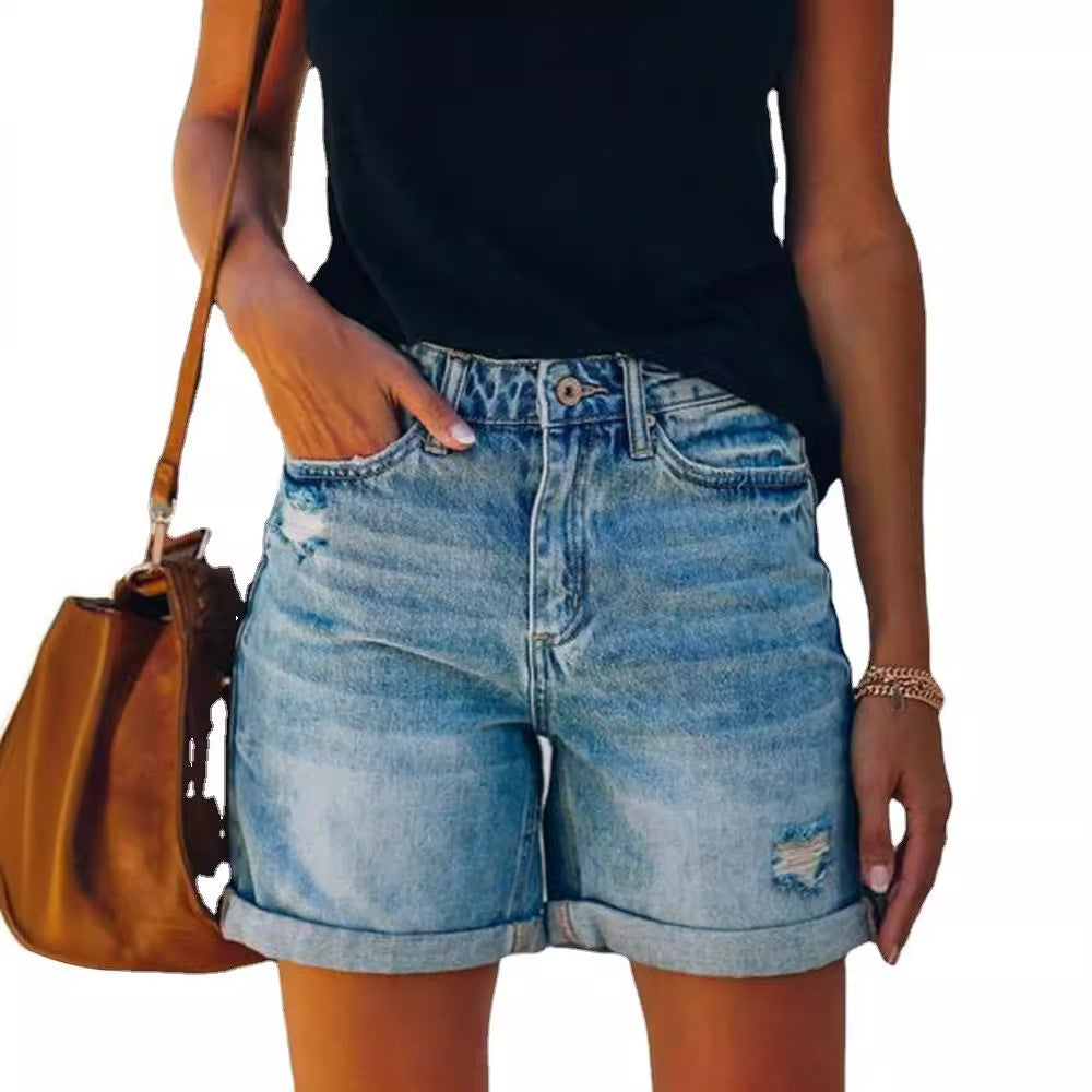 Dame denim shorts med afslappet pasform og frynset afslutning Stilla
