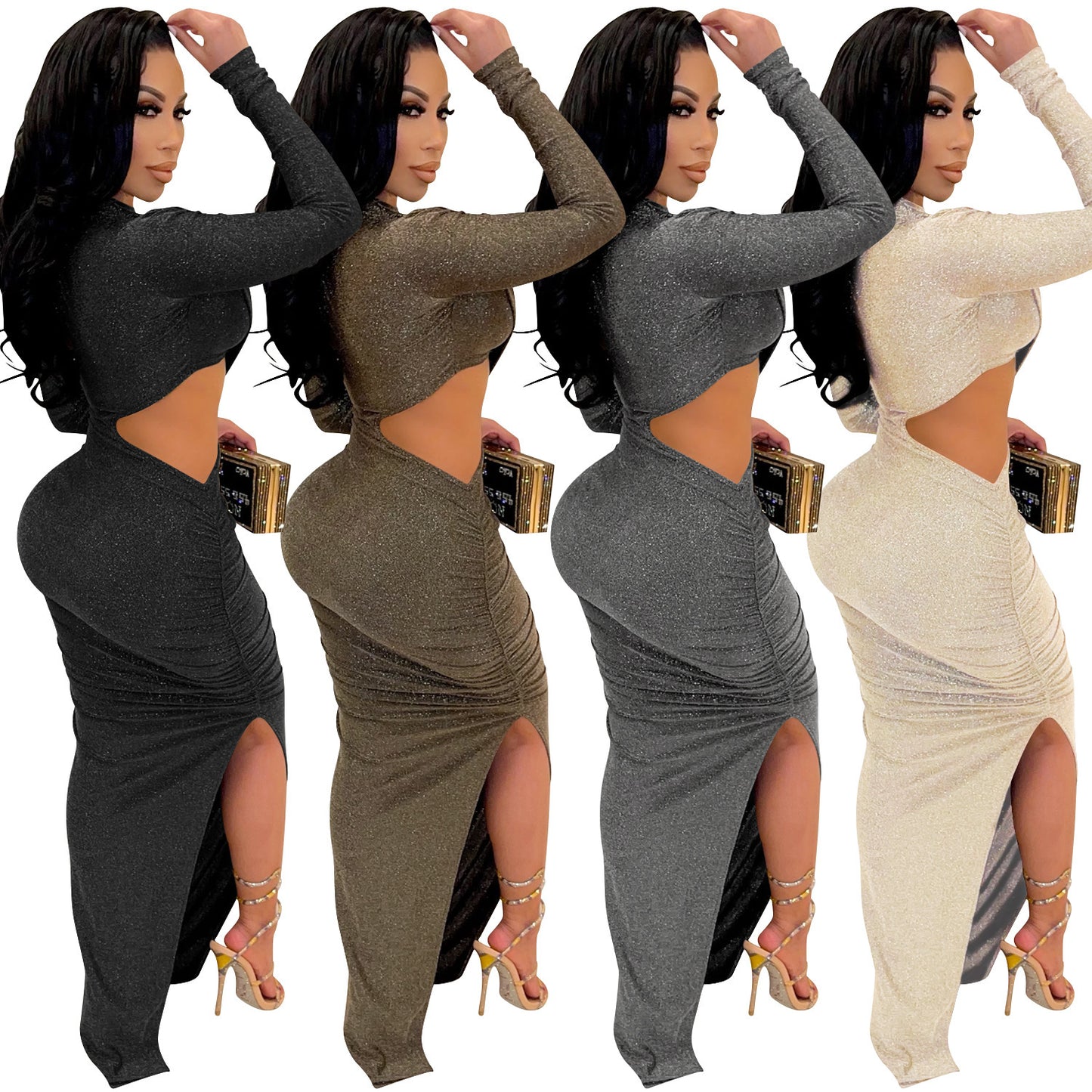 Dame Elegant Cut-Out Maxikjole med lange ærmer og raffineret slids Stilla