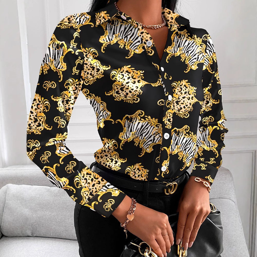 Dame Elegant Bluse med kunstnerisk tryk og fine detaljer Stilla