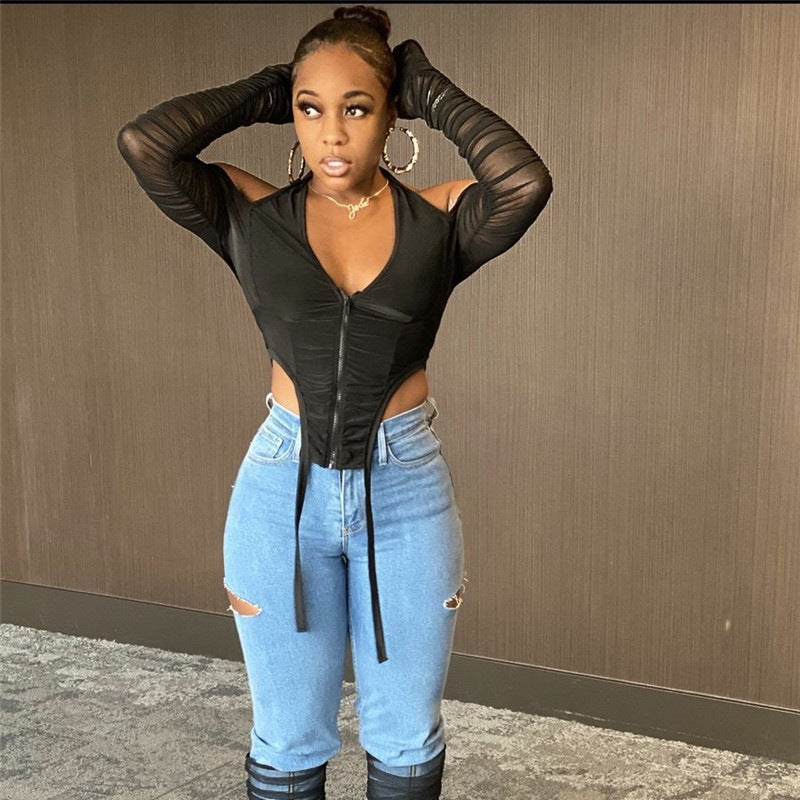 Dame Cut-Out Bluse med rynke og lange ærmer Stilla