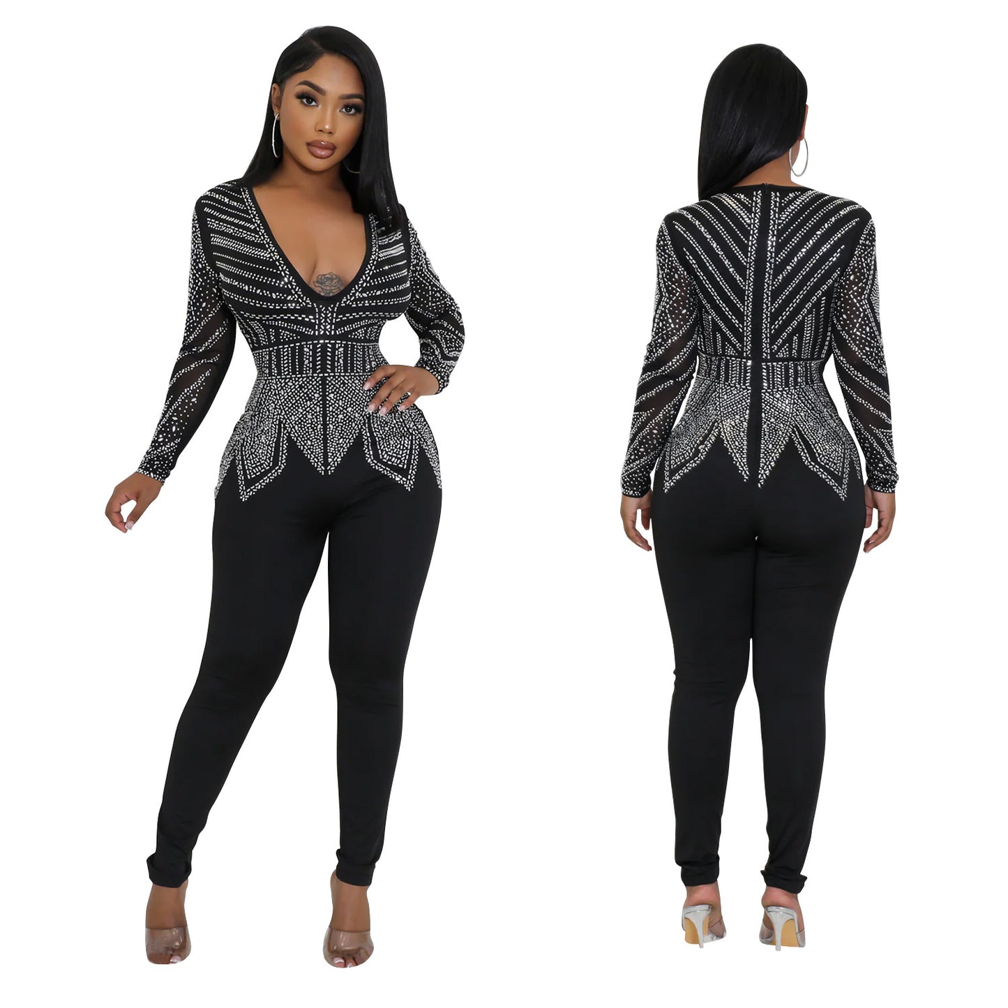 Dame Elegant Bodycon Jumpsuit med strassdekorationer og dyb V-udskæring Stilla