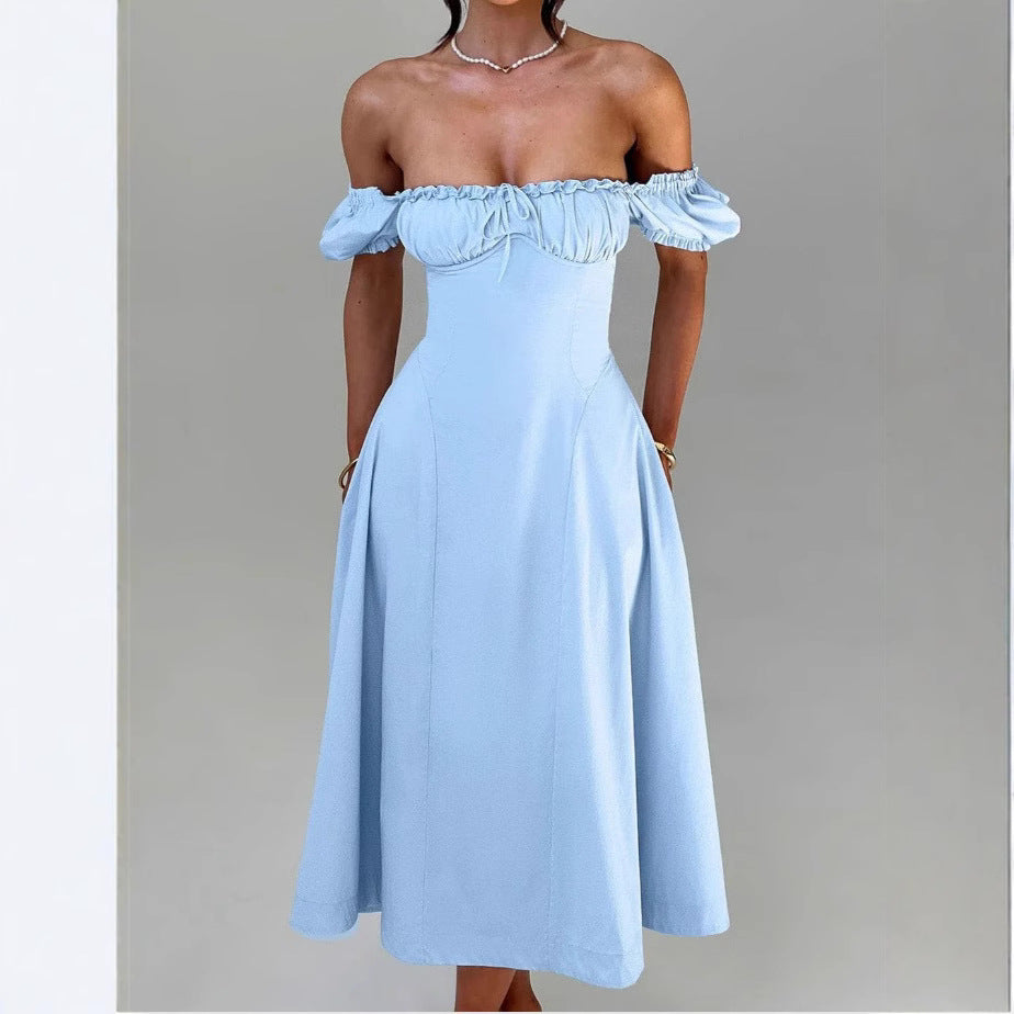 Dame Off-Shoulder Aftenkjole med Puffærmer og figursyet snit Stilla