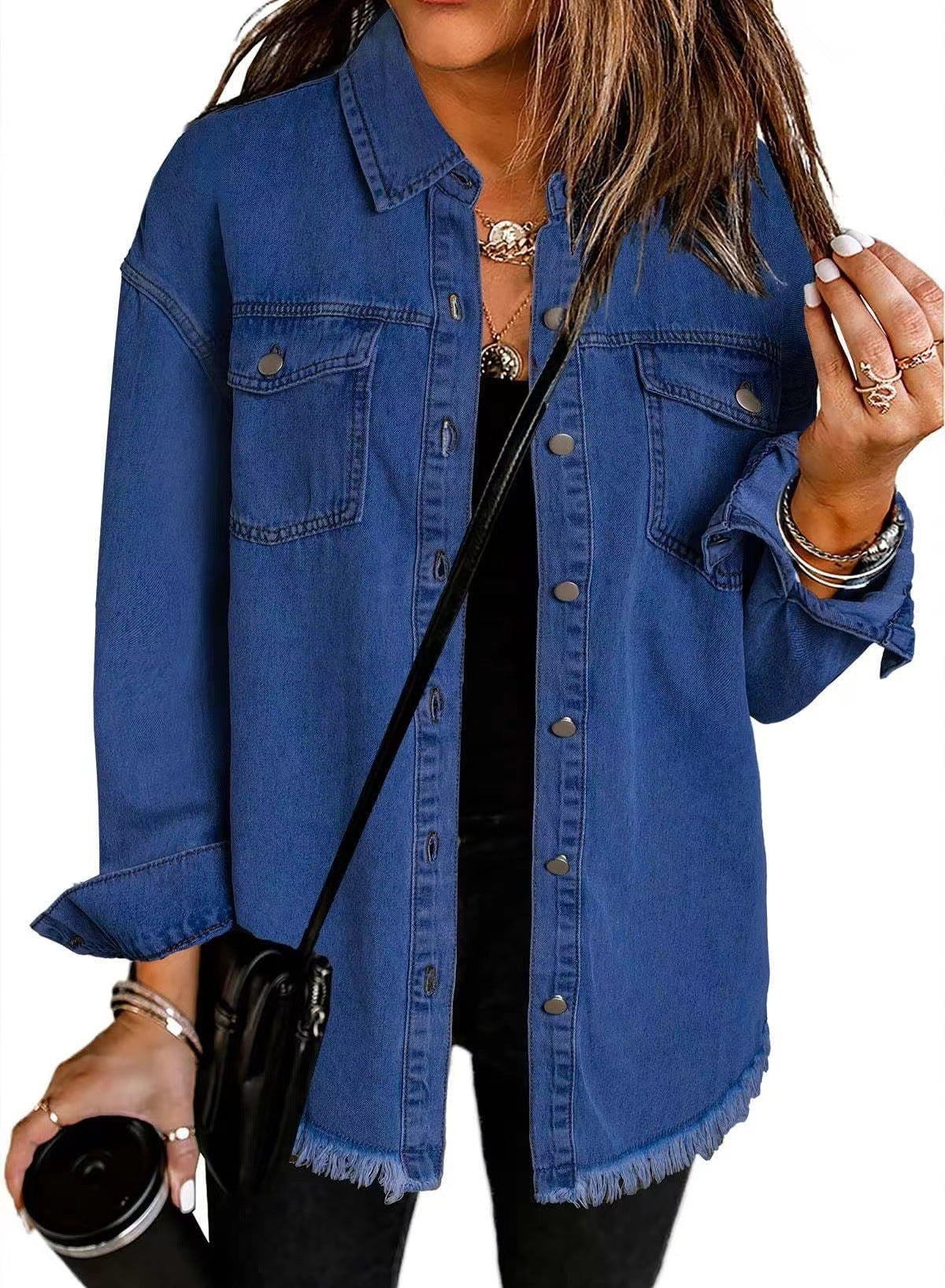 Dame Denim Skjortejakke i afslappet Oversized-stil med frynser Stilla