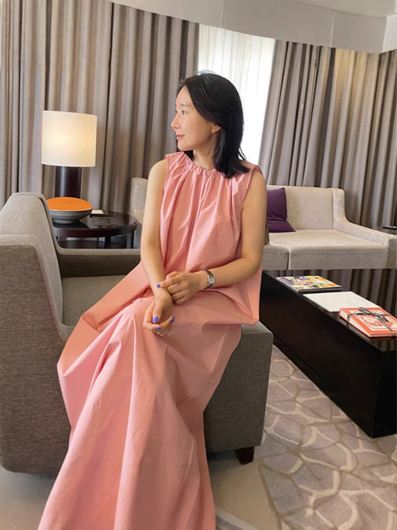 Dame afslappet midi-kjole med elastisk krave og løs pasform Stilla