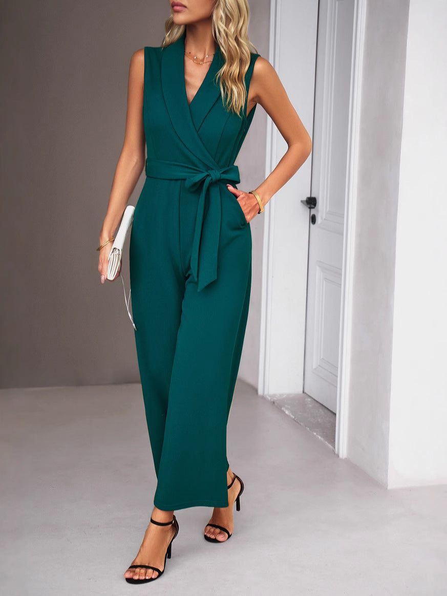 Dame elegant jumpsuit med bindebånd taljesløjfe og V-udskæring Stilla