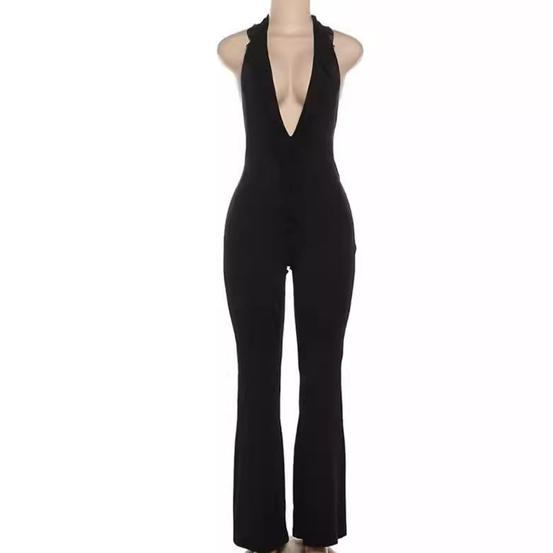 Dame Flydende Jumpsuit med Rynkedetaljer og dyb V-Udskæring Stilla