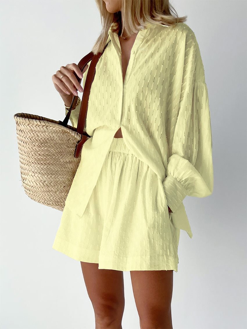 Dame afslappet skjorte-shorts-sæt med dekorativ struktur Stilla