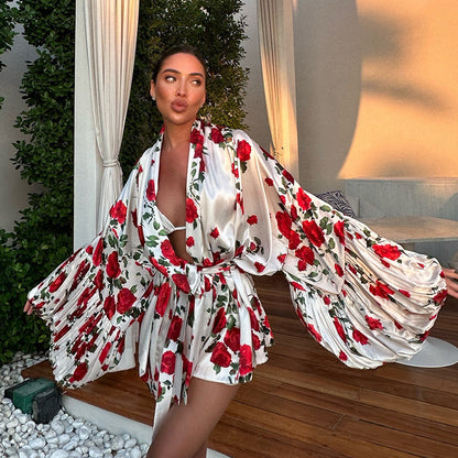 Dame luftig Kimono-kjoler med blomsterdesign og lange ærmer Stilla