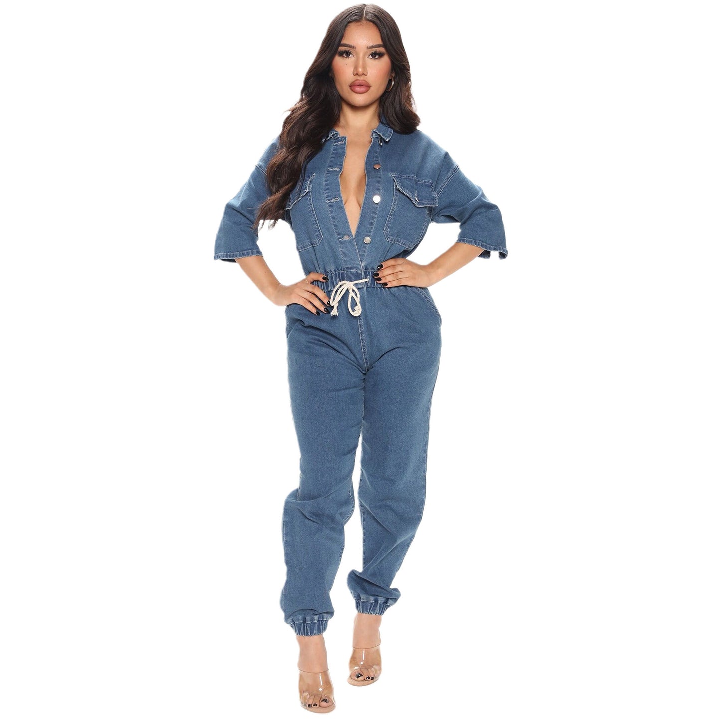 Dame Denim Jumpsuit med talje og knapdetaljer Stilla