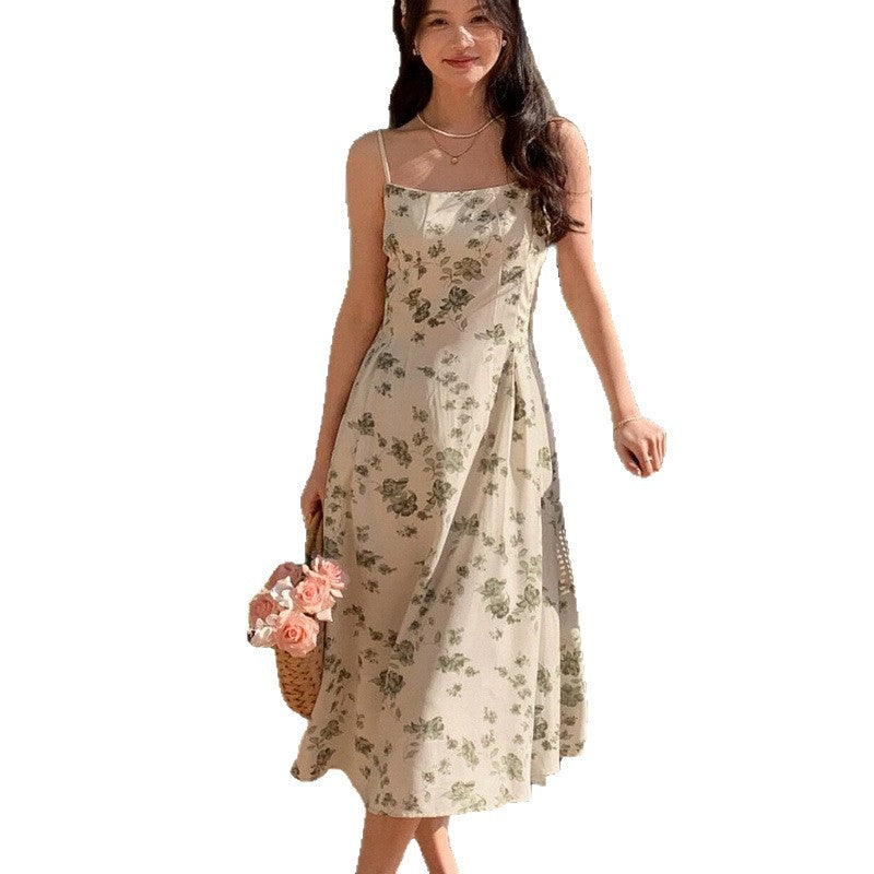 Dame A-linje Blomster Skjorte Midi Kjole med justerbare stropper Stilla